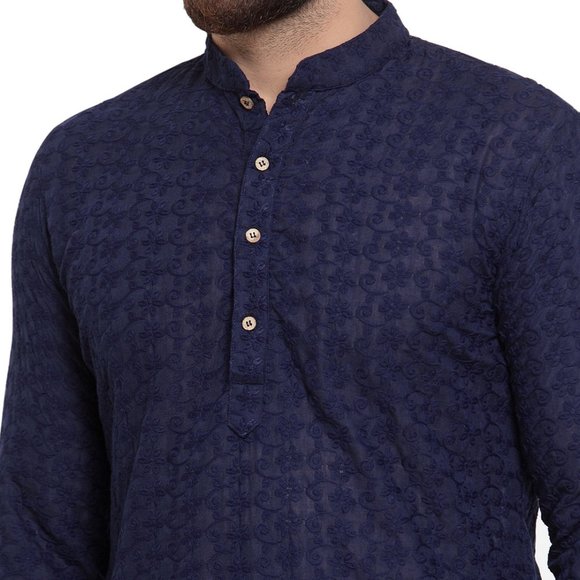Designer Navy Blue Cotton Chikankari Lucknowi Jaal Embroidered Kurta for Men - Picture 5 of 6